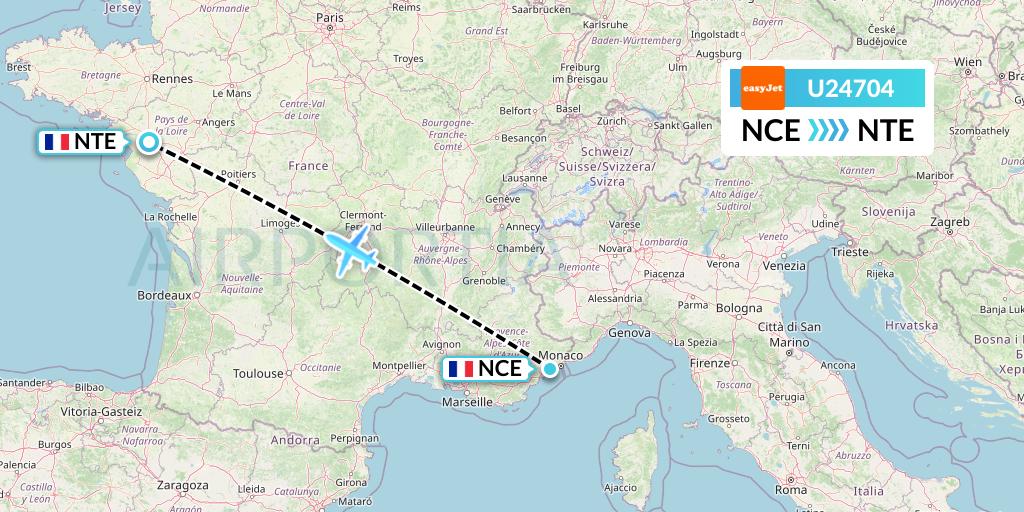 U24704 EasyJet Flight Map: Nice to Nantes