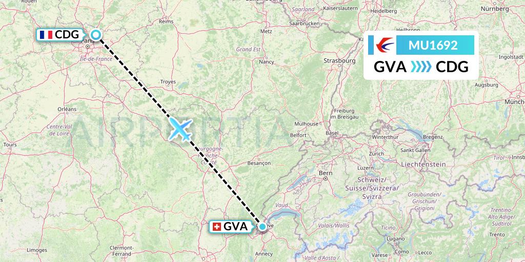 MU1692 China Eastern Airlines Flight Map: Geneva to Paris