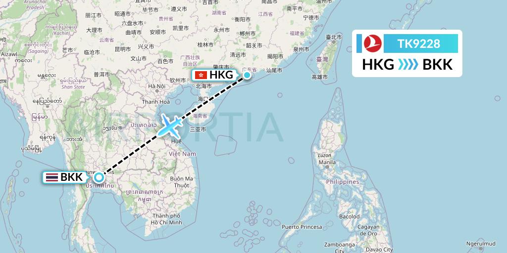 TK9228 Turkish Airlines Flight Map: Hong Kong to Bangkok