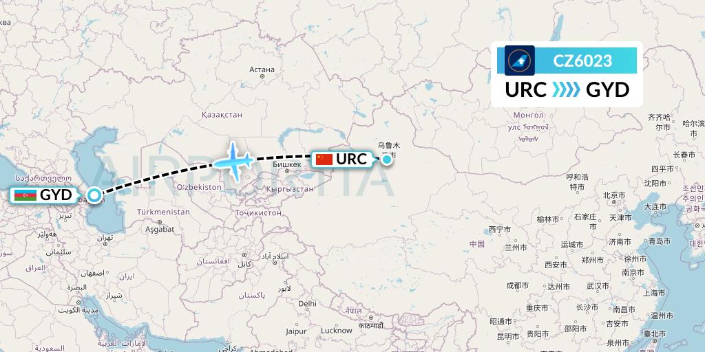 CZ6023 China Southern Airlines Flight Map: Urumqi to Baku