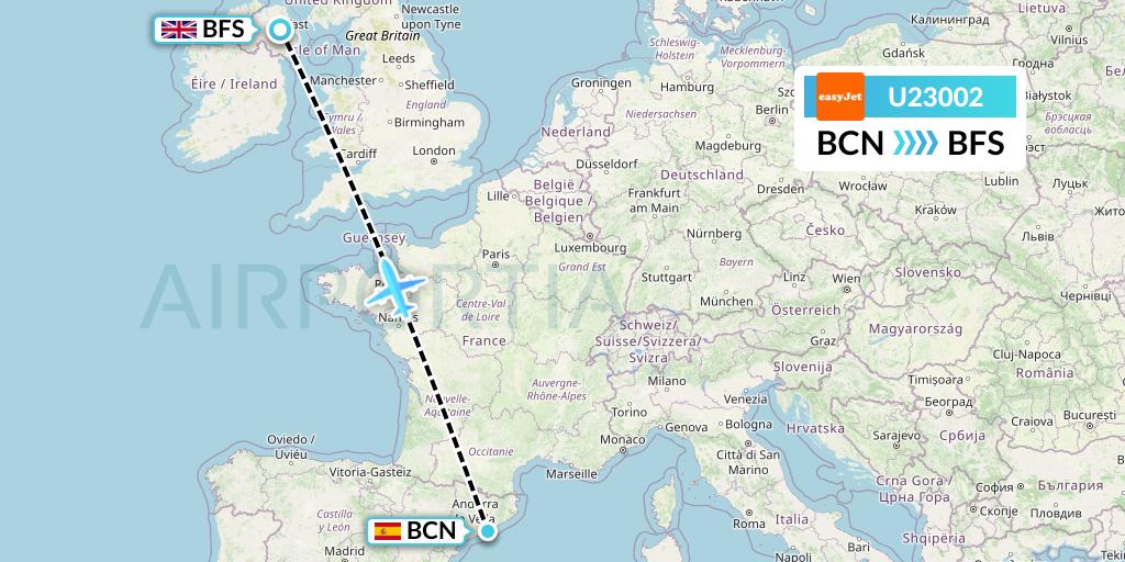 U23002 EasyJet Flight Map: Barcelona to Belfast