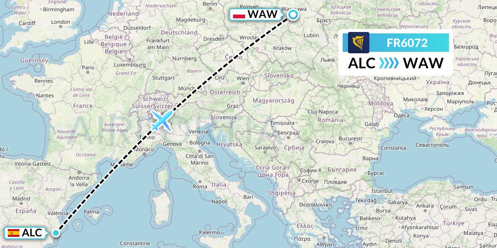 FR6072 Ryanair Flight Map: Alicante to Warsaw