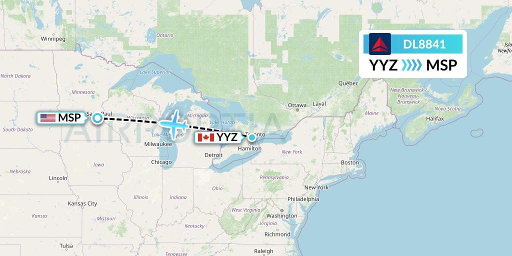 DL8841 Delta Air Lines Flight Map: Toronto to Minneapolis