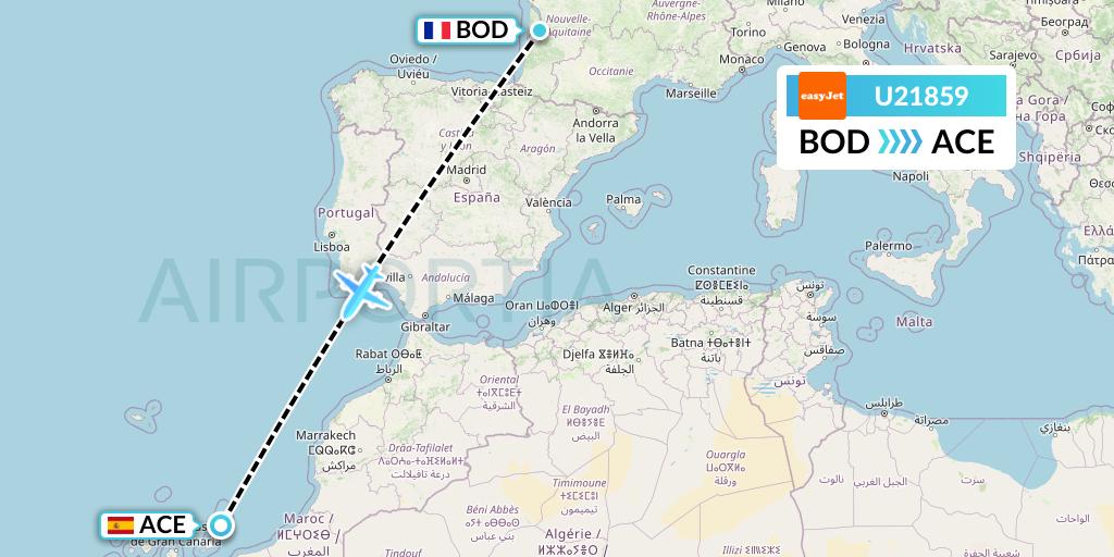 U21859 EasyJet Flight Map: Bordeaux to Lanzarote