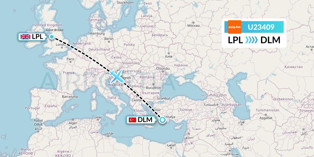 U23409 EasyJet Flight Map: Liverpool to Dalaman
