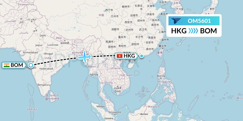 OM5601 MIAT Mongolian Airlines Flight Map: Hong Kong to Mumbai