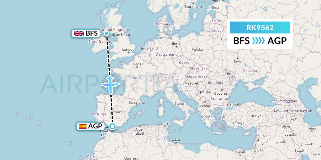 RK9562 Ryanair UK Flight Map: Belfast to Malaga