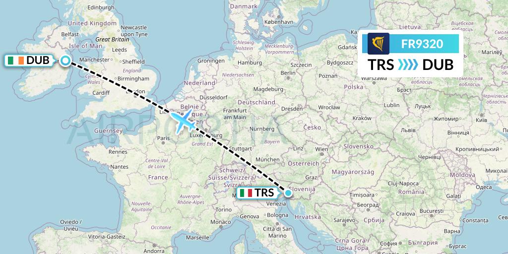 FR9320 Ryanair Flight Map: Trieste to Dublin