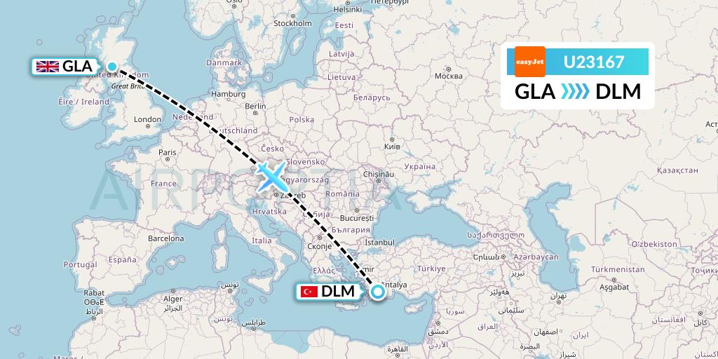 U23167 EasyJet Flight Map: Glasgow to Dalaman