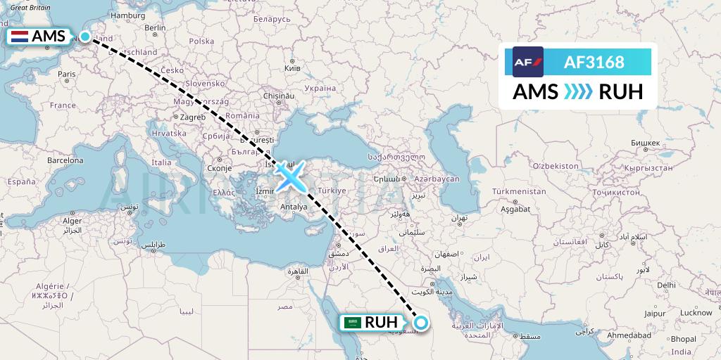 AF3168 Air France Flight Map: Amsterdam to Riyadh