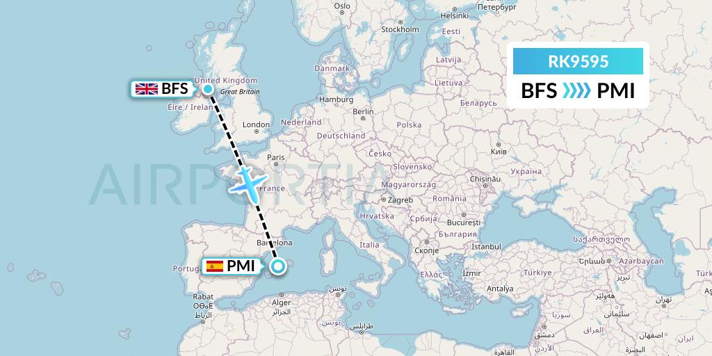 RK9595 Ryanair UK Flight Map: Belfast to Palma de Mallorca