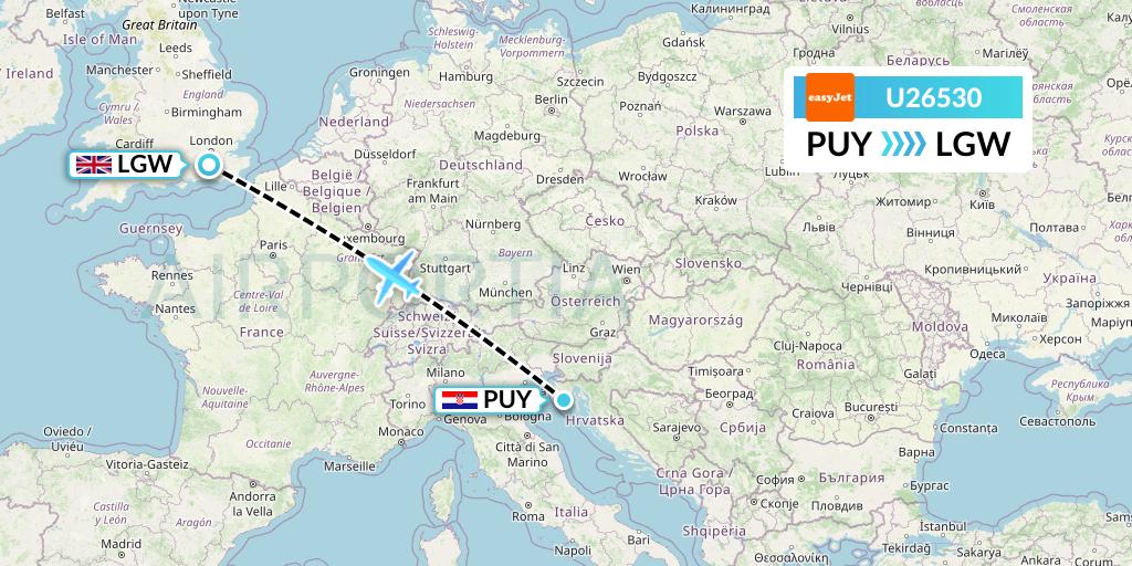 U26530 EasyJet Flight Map: Pula to London
