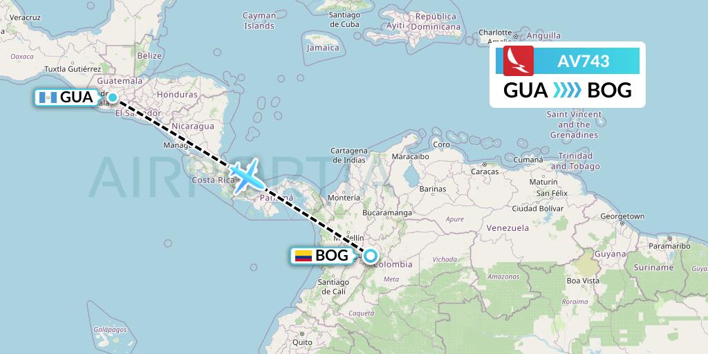 AV743 Avianca Flight Map: Guatemala City to Bogota