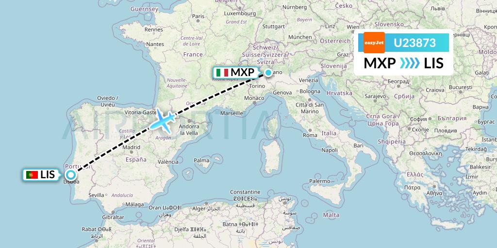 U23873 EasyJet Flight Map: Milan to Lisbon