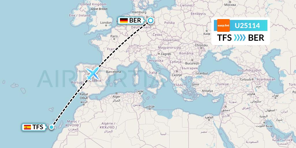 U25114 EasyJet Flight Map: Tenerife to Berlin