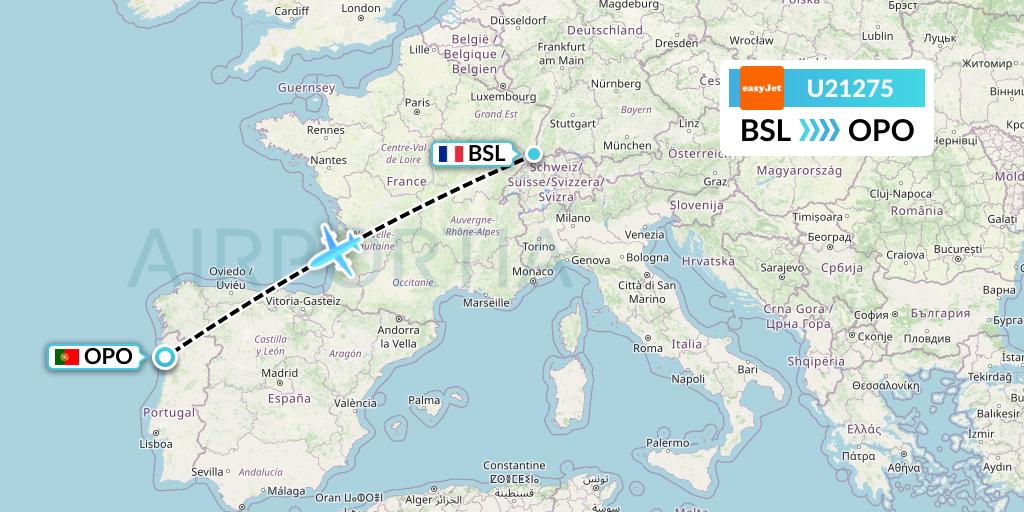 U21275 EasyJet Flight Map: Basel to Porto