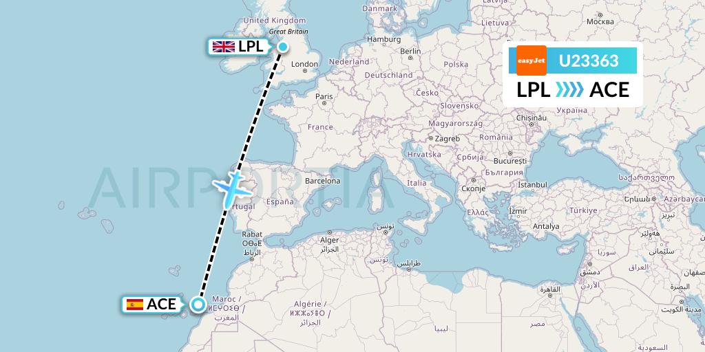U23363 EasyJet Flight Map: Liverpool to Lanzarote