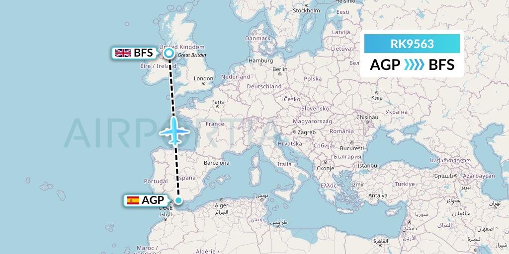 RK9563 Ryanair UK Flight Map: Malaga to Belfast
