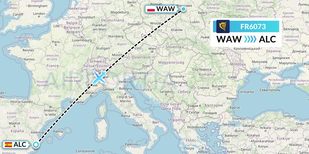 FR6073 Ryanair Flight Map: Warsaw to Alicante