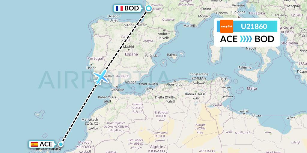 U21860 EasyJet Flight Map: Lanzarote to Bordeaux