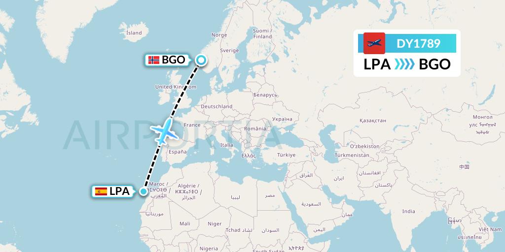 DY1789 Norwegian Flight Map: Las Palmas to Bergen
