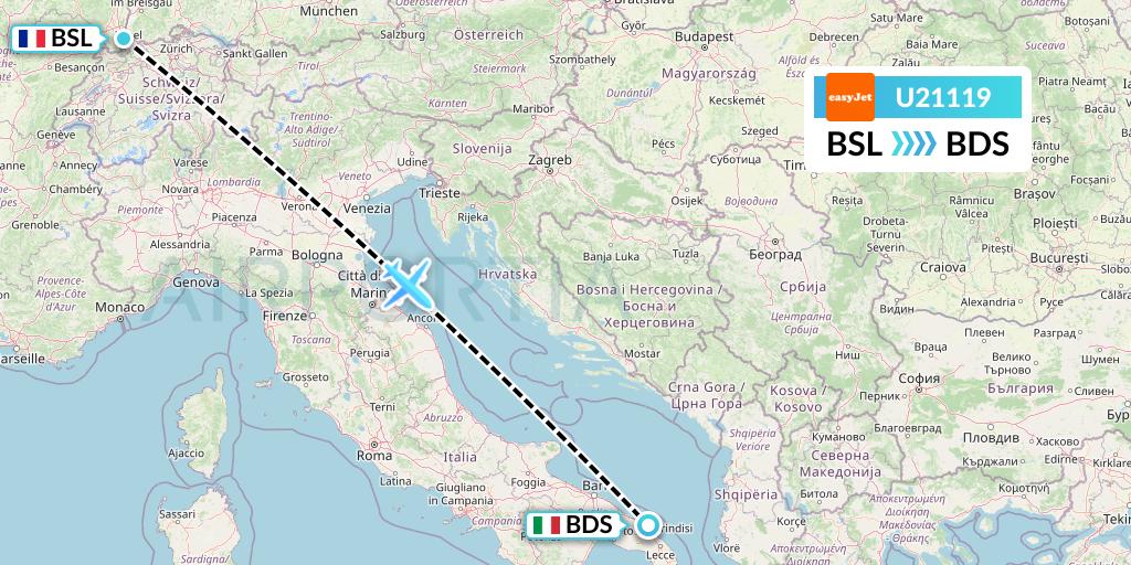 U21119 EasyJet Flight Map: Basel to Brindisi