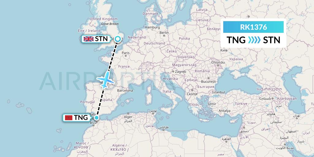 RK1376 Ryanair UK Flight Map: Tangier to London