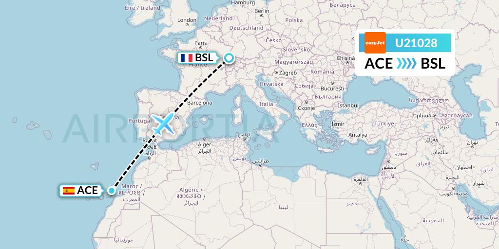 U21028 EasyJet Flight Map: Lanzarote to Basel