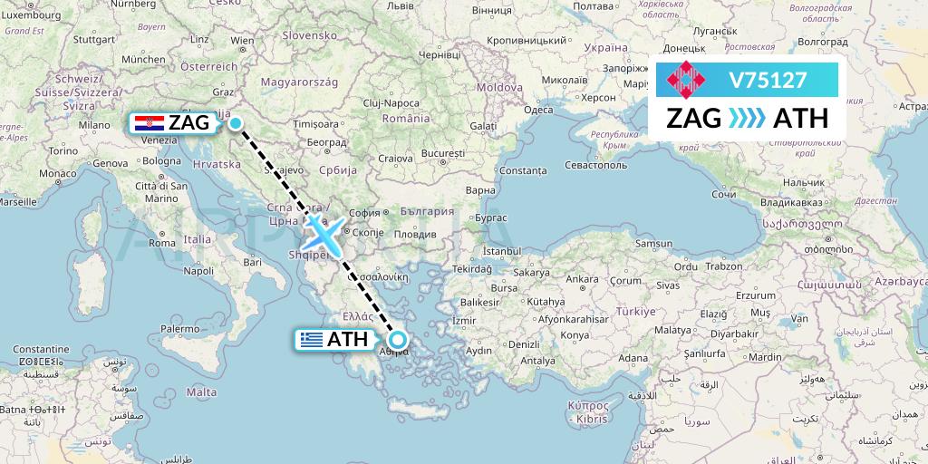 V75127 Volotea Flight Map: Zagreb to Athens