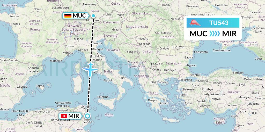 TU543 Tunisair Flight Map: Munich to Monastir