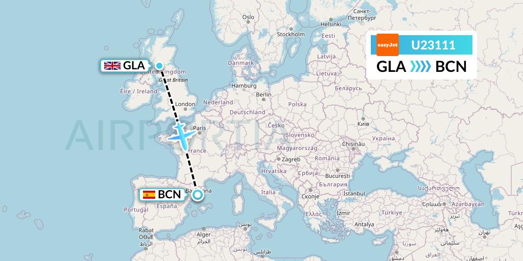 U23111 EasyJet Flight Map: Glasgow to Barcelona