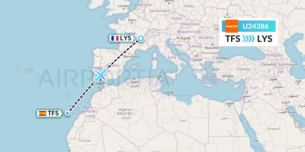 U24386 EasyJet Flight Map: Tenerife to Lyon
