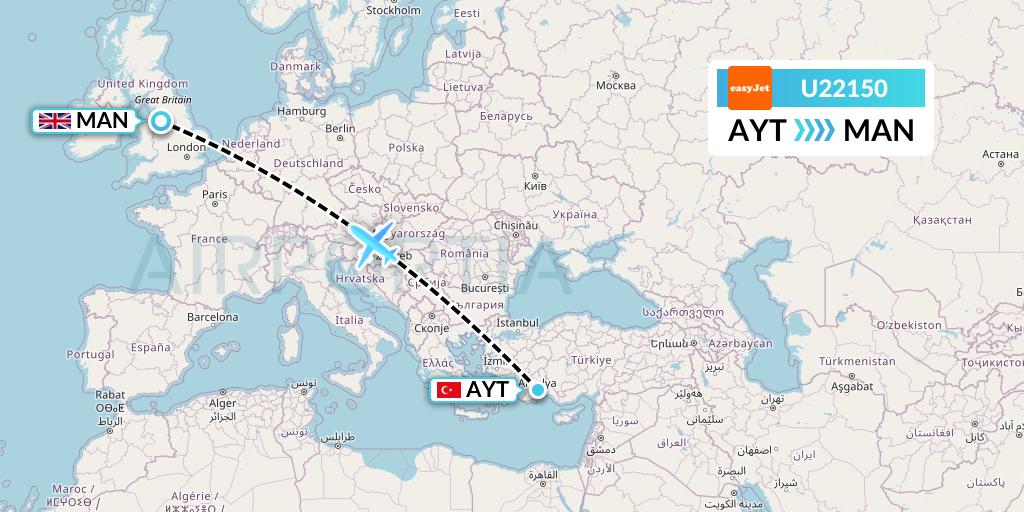 U22150 EasyJet Flight Map: Antalya to Manchester