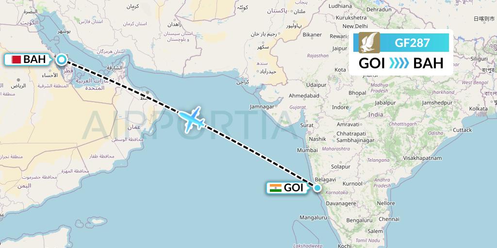 GF287 Gulf Air Flight Map: Goa to Bahrain