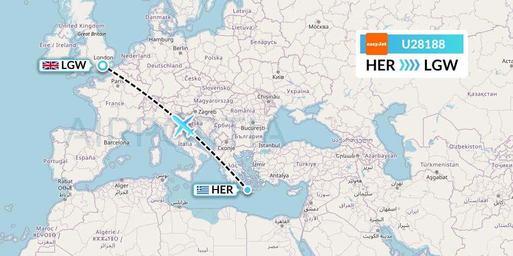 U28188 EasyJet Flight Map: Heraklion to London