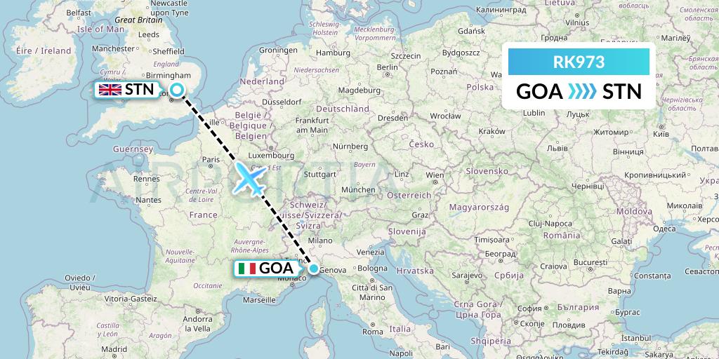 RK973 Ryanair UK Flight Map: Genoa to London