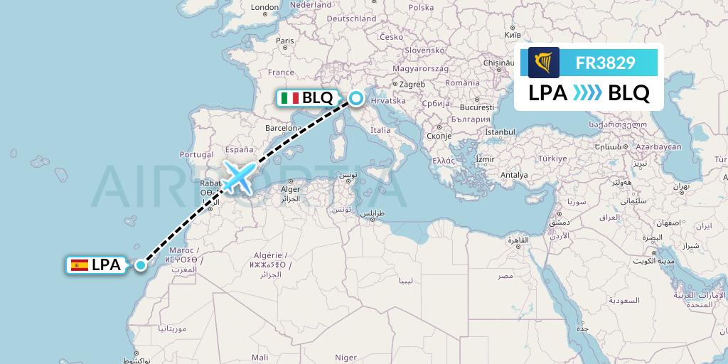 FR3829 Ryanair Flight Map: Las Palmas to Bologna