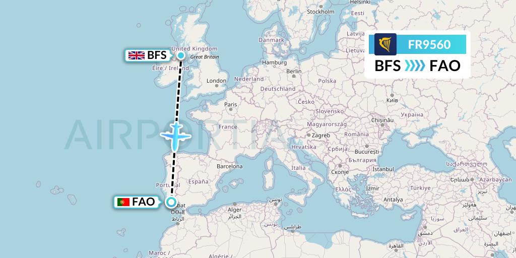 FR9560 Ryanair Flight Map: Belfast to Faro