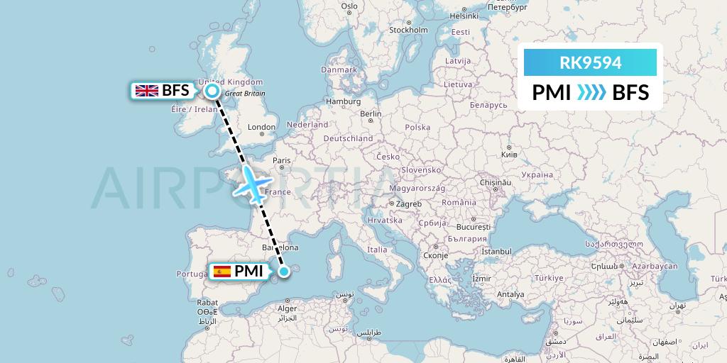 RK9594 Ryanair UK Flight Map: Palma de Mallorca to Belfast