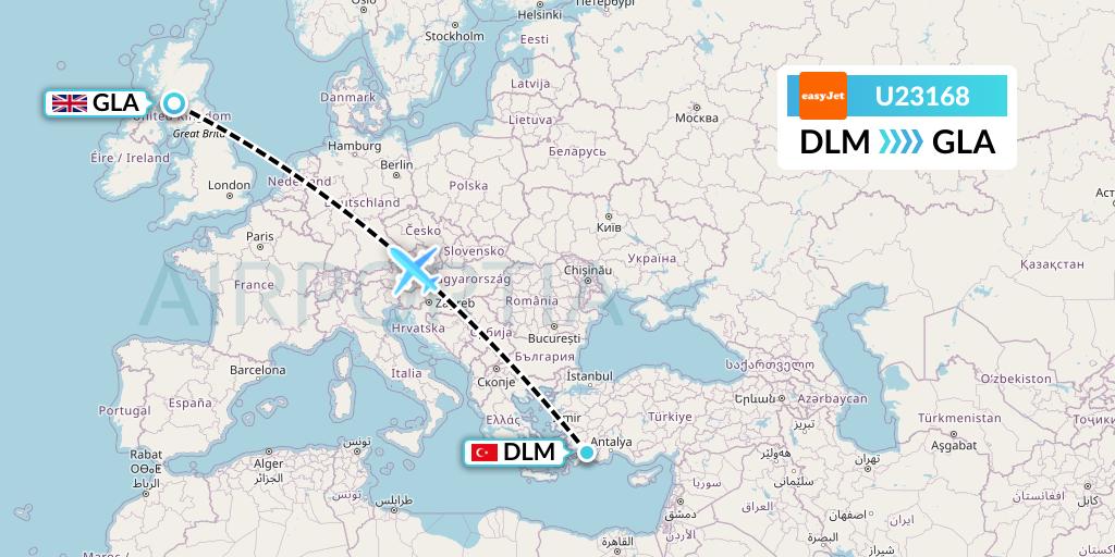 U23168 EasyJet Flight Map: Dalaman to Glasgow