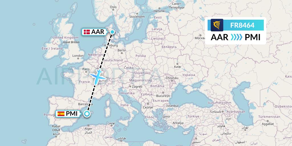 FR8464 Ryanair Flight Map: Aarhus to Palma de Mallorca