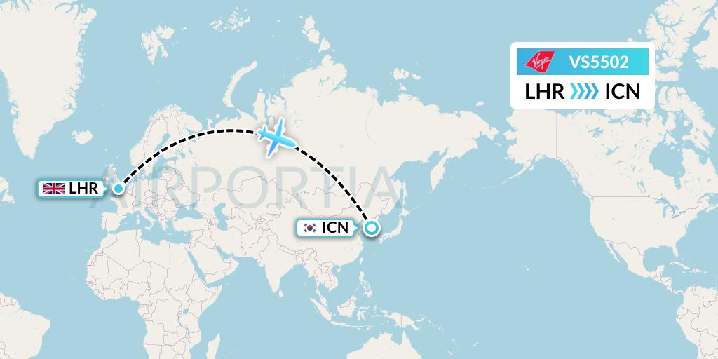 VS5502 Virgin Atlantic Airways Flight Map: London to Seoul