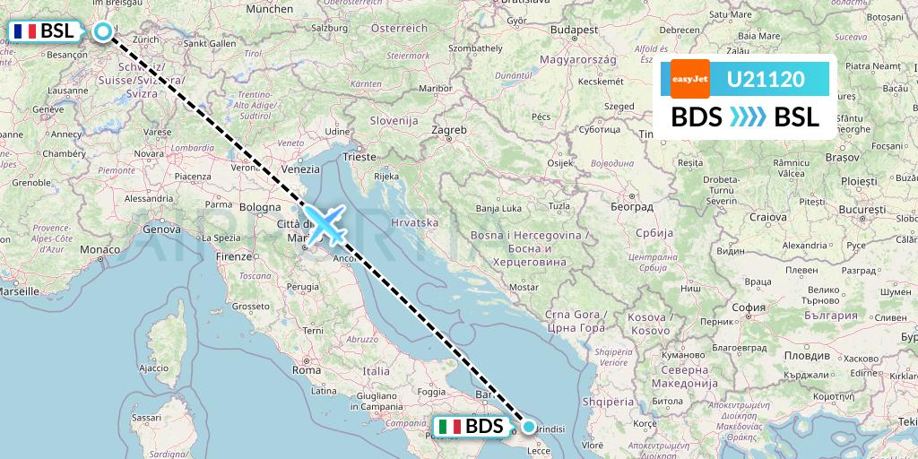 U21120 EasyJet Flight Map: Brindisi to Basel