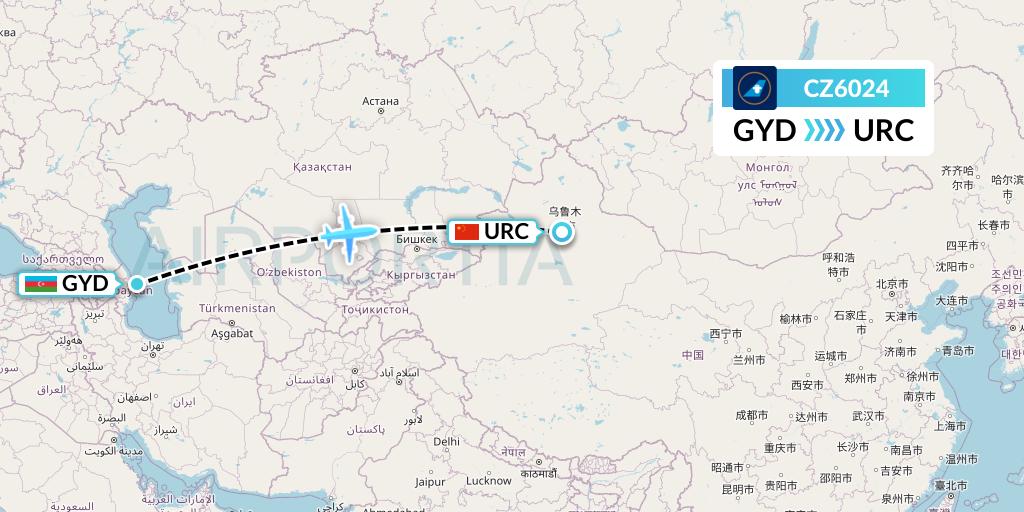 CZ6024 China Southern Airlines Flight Map: Baku to Urumqi