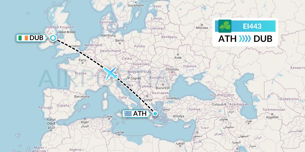 EI443 Aer Lingus Flight Map: Athens to Dublin