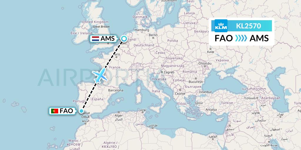 KL2570 KLM Flight Map: Faro to Amsterdam