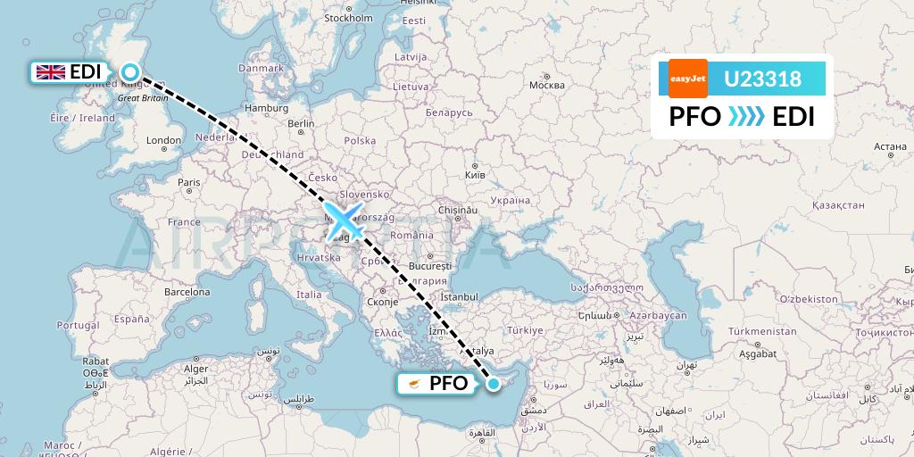 U23318 EasyJet Flight Map: Pafos to Edinburgh