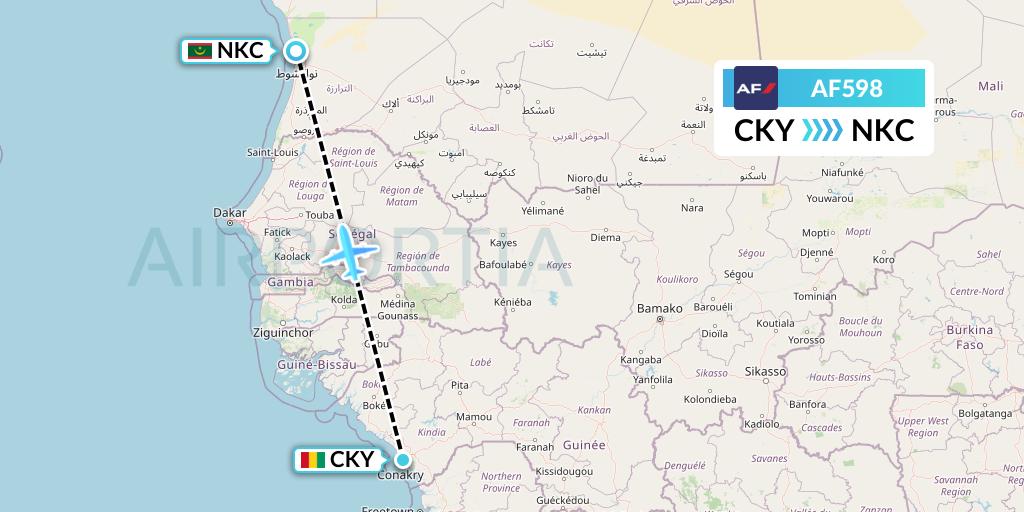 AF598 Air France Flight Map: Conakry to Nouakchott