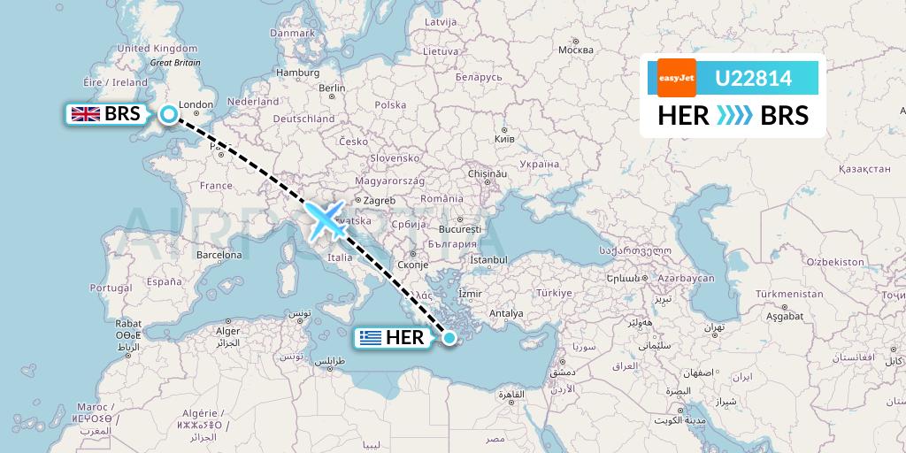 U22814 EasyJet Flight Map: Heraklion to Bristol