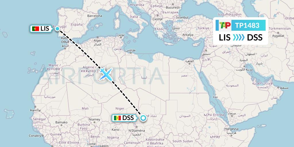 TP1483 TAP Portugal Flight Map: Lisbon to Dakar